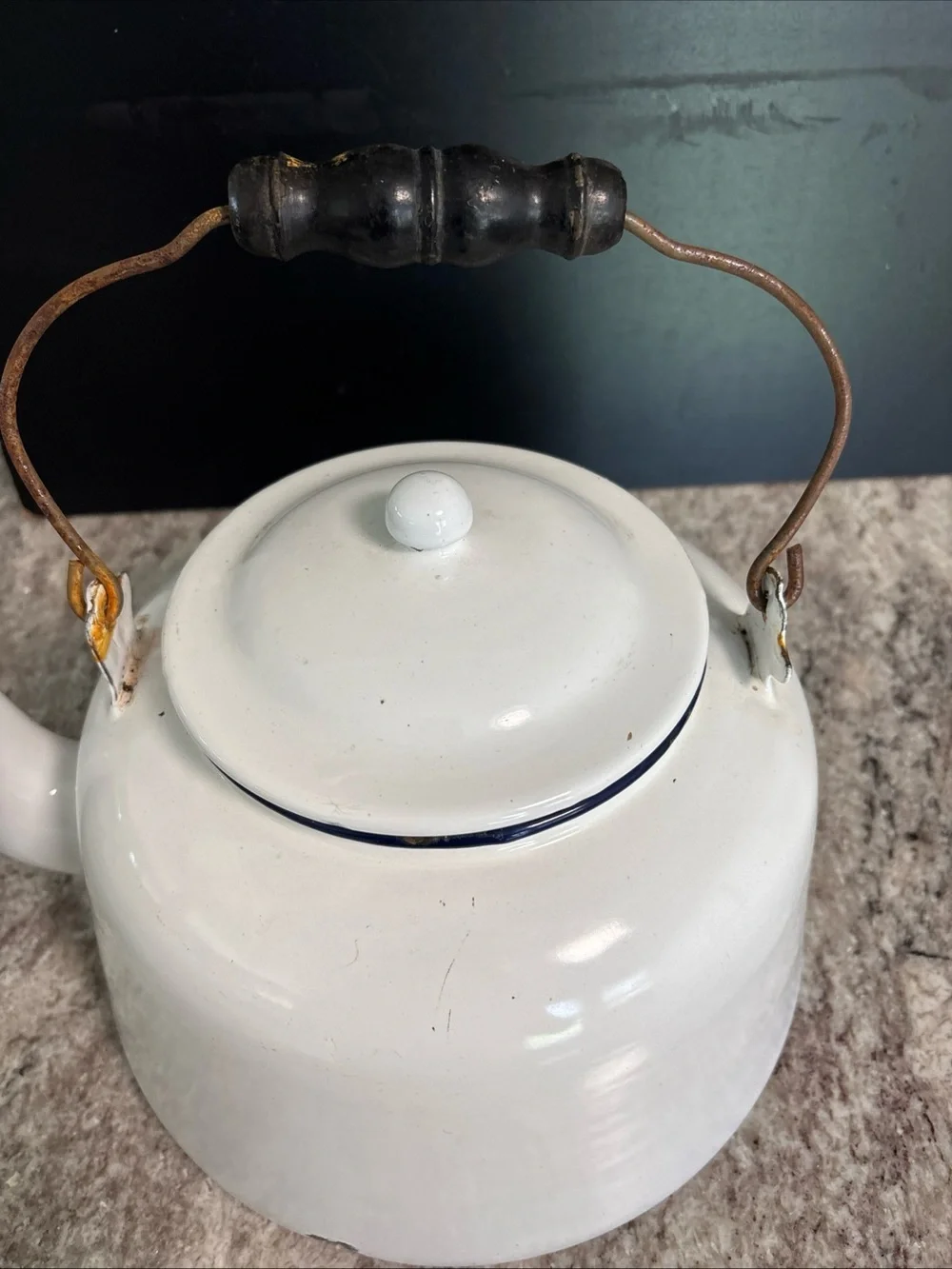 Vintage Large Enamel Tea Kettle Pot White  Ware W/ Wood Handle, Lid Farmhouse